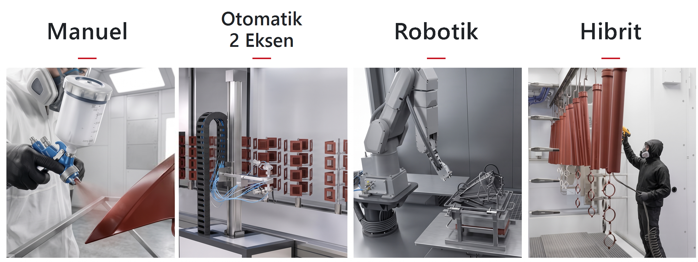 Manuel, iki eksenli otomatik, robotik ve hibrit boya uygulama yöntemleri