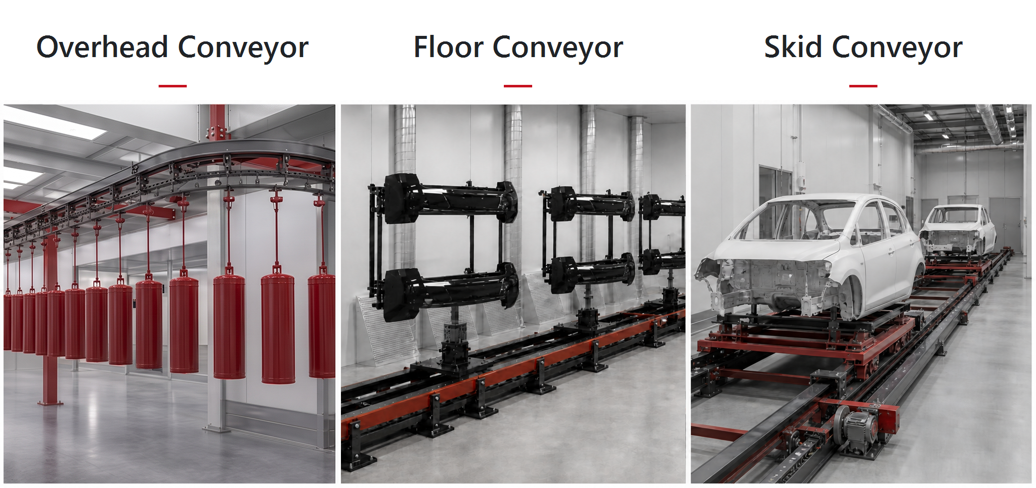 Overhead conveyor, floor conveyor and skid conveyor systems