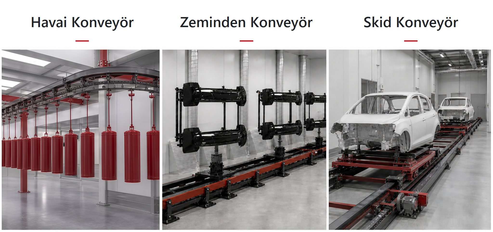 Havai konveyör, zeminden konveyör ve skid konveyör taşıma sistemleri