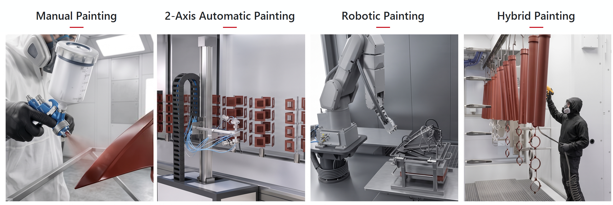 Manual, automatic two-axis, robotic and hybrid coating application methods